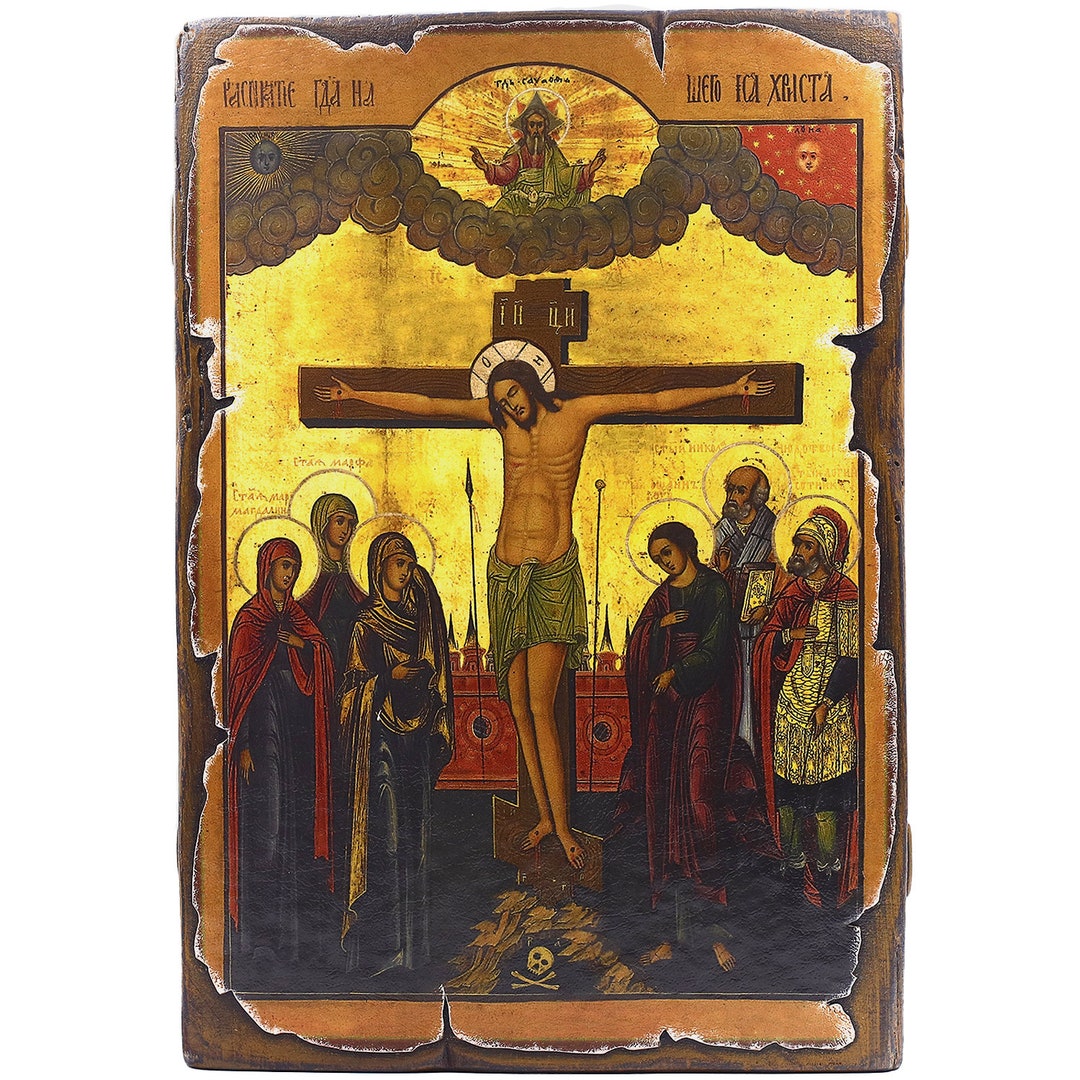 Handmade Wooden Orthodox Icon – the Crucifixion of Christ, Vintage ...