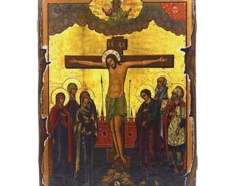 Handmade Wooden Orthodox Icon – The Crucifixion of Christ, Vintage Style (11.4''x7.9'')