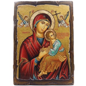 Handmade Wooden Orthodox Icon - Our Lady of Relentless Help - Size 11&#39;&#39;х7.9&#39;&#39; (28 cm х 20 cm) - Authentic Traditional Style & Vintage Effect