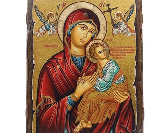 Icono ortodoxo de madera hecho a mano: Nuestra Señora del Socorro Incansable, estilo vintage