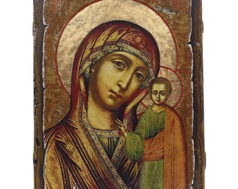 Handmade Wooden St. Maria Icon – Traditional Orthodox Art, Vintage Effect