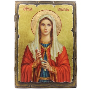 Handmade Wooden Orthodox Icon - St. Emilia - Size 11&#39;&#39;х7.9&#39;&#39; (28 cm х 20 cm) - Authentic Traditional Style & Vintage Effect