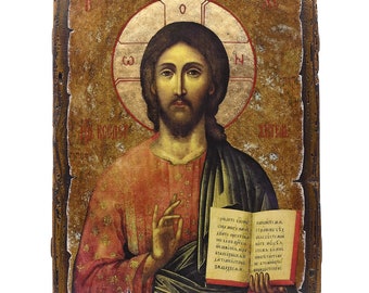 イエス・キリストの昇天のイコン - ビザンチン美術 - 手作りの木製