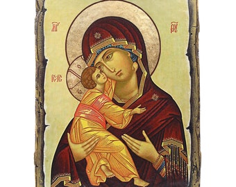 Handgemachte kyrillische Ikone aus Holz - Wladimir die Mutter Gottes - Größe 26cm х 20cm - Authentischer traditioneller Stil & Vintage-Effekt