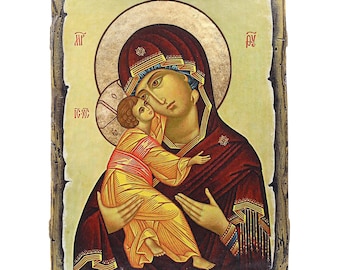 Handmade Vladimir Mother of God Icon – Traditional Wood, Vintage Effect