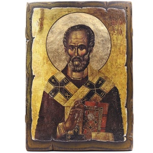 Handmade Wooden Orthodox Icon - St. Nicholas - Size 11&#39;&#39;х7.9&#39;&#39; (28 cm х 20 cm) - Authentic Traditional Style & Vintage Effect