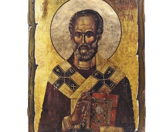 Icona di San Nicola fatta a mano – Legno tradizionale, effetto vintage (28x20 cm)