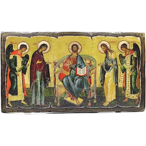 Handmade Wooden Orthodox Icon - Deesis - Size 14.2&#39;&#39;х7.9&#39;&#39; (36 cm х 20 cm) - Authentic Traditional Style & Vintage Effect