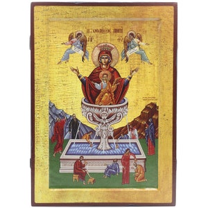 Handmade Wooden Orthodox Icon - Mother of God Life-Giving Source - Size 11&#39;&#39;х7.9&#39;&#39; (28cmх20cm). Authentic Traditional Style & Vintage Effect