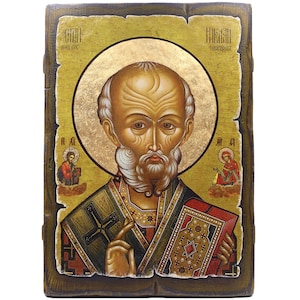 Handmade Wooden Orthodox Icon - St. Nicholas - Size 11&#39;&#39;х7.9&#39;&#39; (28 cm х 20 cm) - Authentic Traditional Style & Vintage Effect