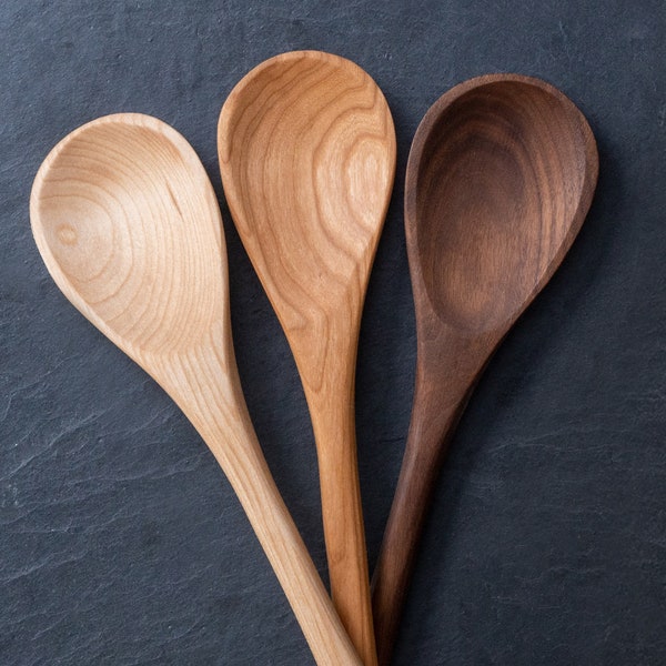 Handmade Wooden Spoons - 12” Cooking Spoon, Hand Carved, Made in the USA with Pennsylvania Black Cherry, Maple, and Walnut Wood