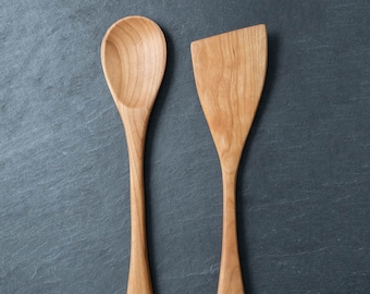 Juego de utensilios de cocina hechos a mano - Cuchara y espátula de madera de 12" - Hecho en los EE.UU. con cerezo, arce y nogal - Cucharas de madera Amish