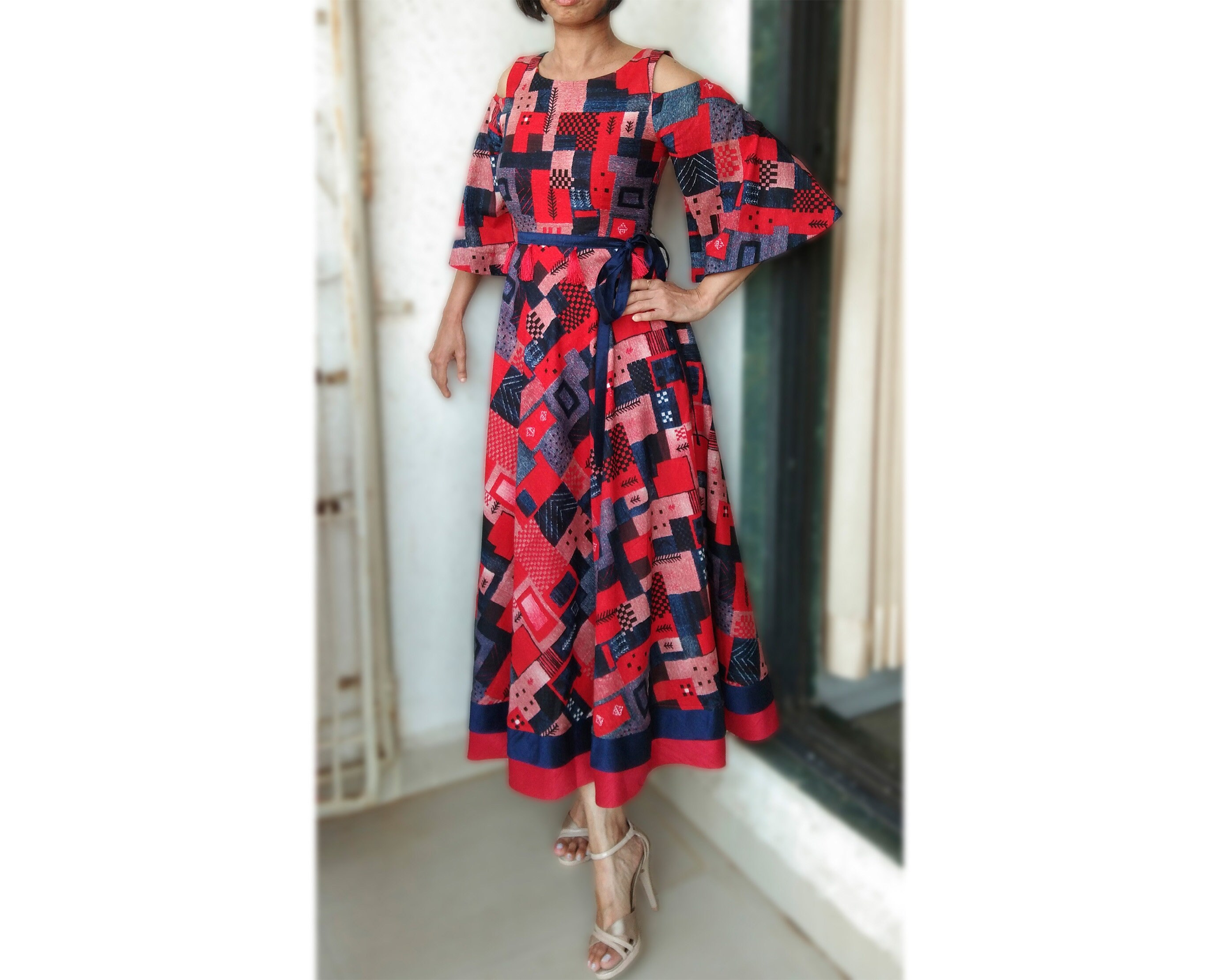 Custom Made Indian Rayon Cotton Summer Midi Dress Red Printed Etsy