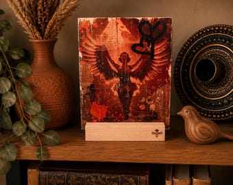 Wooden decor, picture on wood, photo on wood, abstract art, bookshelf decor, art, angel, gift idea