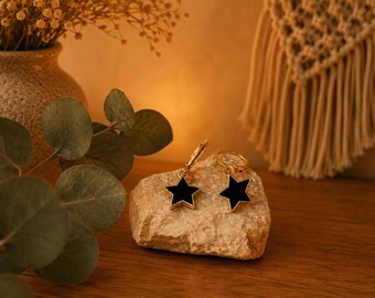 Ohrringe Schwarz Gold, Creolen Schmuck, Goldcreolen, Stern Anhänger, festlicher Schmuck, Geschenkidee, Muttertag, Geburtstag, Weihnachten