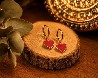 Geschenk Freundin , Ohrhänger Rot Gold Herz, besonderes Geschenk, Hochzeitstag, ich liebe dich, Geburtstagsgeschenk, rotes Herz, Creolen