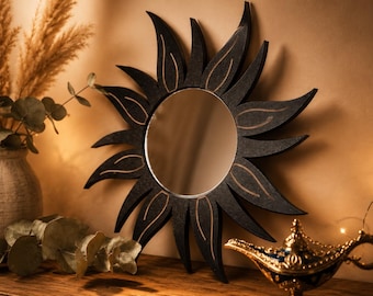Wanddeko, Wandspiegel, Geschenk für Freundin, Geburtstagsgeschenk, kleiner Spiegel, Zimmerdeko, Holzdeko, Sonne und Mond, Holzdeko