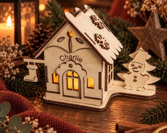Personalisiertes Wichtel Zubehör, Weihnachtsdeko, personalisiertes Weihnachtsgeschenk, Holzlampe, Teelicht aus Holz, Holzhaus, Wichtelhaus,