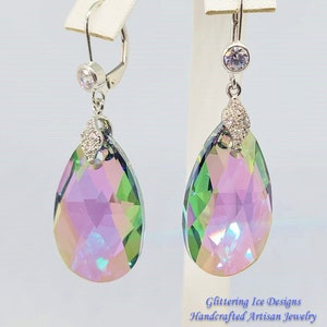 Large Paradise Shine Teardrop Shaped Earrings w/ Silver Plated Cubic Zirconia Pave Bails, Wedding Earrings, Prom Earrings, Gift Earrings
