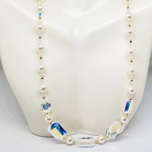 White Pearl and AB Crystal Necklace, Austrian Pearl and Crystal Necklace, Pearl Necklace, Crystal Necklace, Wedding Necklace