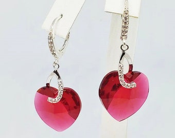 Scarlet Austrian Crystal Heart Earrings w/ Sterling Silver Heart Shaped Bails with Cubic Zirconia Accents, Holiday Earrings, Prom Earrings