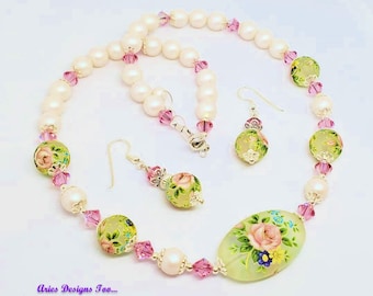 Floral Necklace Set, Pink & White Pearl Necklace and Earrings, Tensha Necklace, Glass Beaded Necklace, Prom Necklace, Wedding Necklace Set