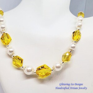 Yellow Crystal Necklace, Crystal Necklace, White Pearl Necklace, Wedding Necklace, Prom Necklace, Beaded Necklace, Gift Necklace