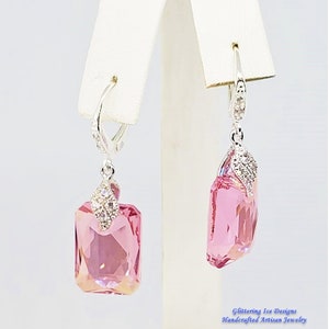 Pink Shimmer Austrian Crystal Earrings, Rectangular Austrian Crystal Earrings, Pink Crystal Earrings, Prom/ Wedding Earrings, Gift Earrings