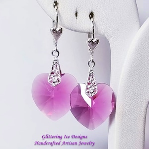 Rose Colored Austriani Crystal Heart Earrings, Wedding Earrings, Valentines Earrings, Prom Earrings, Bridesmaids Earrings, Gift Earrings