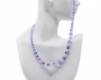 Violet Shimmer Austrian Crystal Cube Necklace, Sterling Silver
