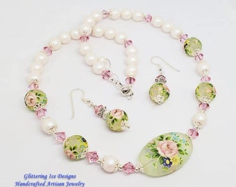 Floral Necklace Set, Pink & White Pearl Necklace and Earrings, Tensha Necklace, Glass Beaded Necklace, Prom Necklace, Wedding Necklace Set