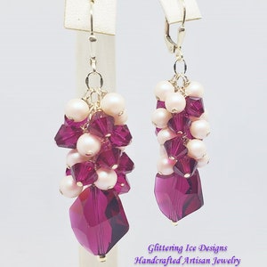 Austrian Crystal Maroon and White Cluster Earrings...Crystal Waterfall Style Earrings ,Prom Earrings,Wedding Earrings,Gift Earrings