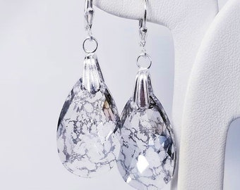 Austrian Crystal Silver Patina Tear Drop Shaped  Earrings,Prom Earringsm Wedding Earrings, Anniversary Earrings, Dangle Earrings