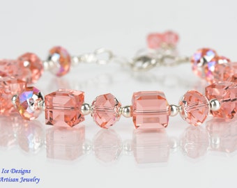 Rose / Peach Shimmer Austrian Crystal Cube Bracelet, Prom Bracelet, Wedding Bracelet, Gift Bracelet, Bridesmaids Bracelet, Sparkly Bracelet