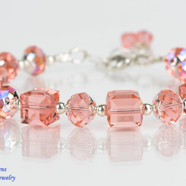 Rose / Peach Shimmer Austrian Crystal Cube Bracelet, Prom Bracelet, Wedding Bracelet, Gift Bracelet, Bridesmaids Bracelet, Sparkly Bracelet