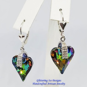 Rainbow Wild Heart Austrian Crystal Earrings w/ Cubic Zirconia Micro Pave Bails, Holiday Earrings, Gift Earrings, Sparkly Earrings, Colorful