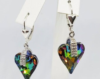 Rainbow Wild Heart Pendientes de cristal austriaco con zirconia cúbica Micro Pave Bails, pendientes de vacaciones, pendientes de regalo, pendientes brillantes, coloridos