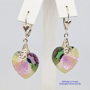Austrian Crystal Earrings,Crystal Heart Earrings, Violet /Green Heart Earrings, Prom Earrings, Wedding Earrings, Gift Earrings