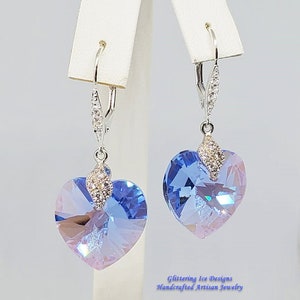 Light Sapphire Blue Shimmer Heart Earrings, Crystal Heart Earrings, Light Blue Earrings, Prom Earrings, Gift Earrings