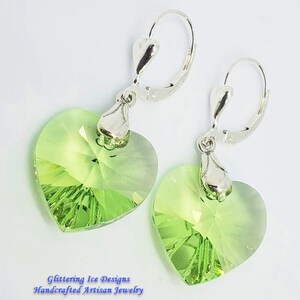Light  Green Austrian Crystal Heart Earrings in Sterling Silver, Gift Earrings, Bridesmaids Earrings, Prom Earrings, Birthday Earrings, Gift