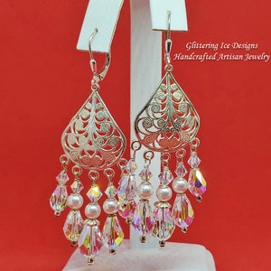 White Pearl & Iridescent Crystal Chandelier Earrings, Wedding Earrings, Prom Earrings, Bridesmaids Earrings, Ornate Sterling Chandeliers