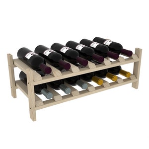 May include: A wooden wine rack with two tiers, holding 12 bottles of wine. The rack is made of natural wood and has a rustic look. The bottles are arranged in a staggered pattern, with the tops of the bottles facing outward.