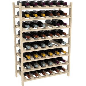May include: A wooden wine rack with 7 shelves that can hold 70 bottles of wine. The rack is made of natural wood and has a light brown finish.