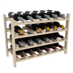 May include: A wooden wine rack with four shelves, holding 24 bottles of wine. The rack is made of natural wood and has a rustic look.