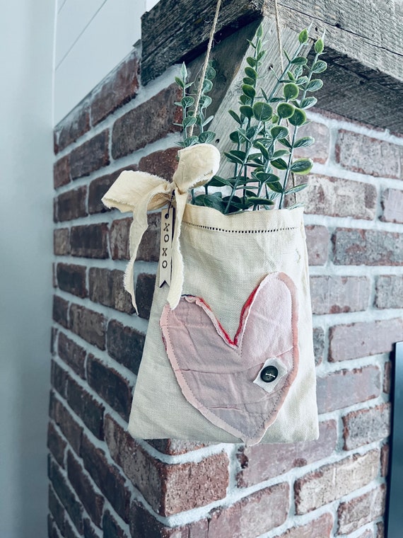 Vintage linen Valentine door hanger/Valentine Decor/Valentines/Farmhouse Decor/Valentine tuck/Valentine Ornie/Fabric basket
