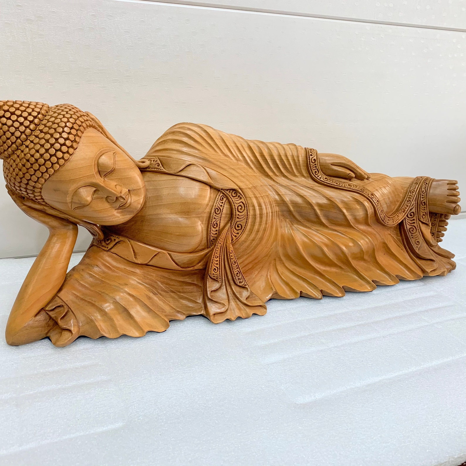 Fine Wood Carving Laying Buddha Statue 18 Inches Resting Etsy