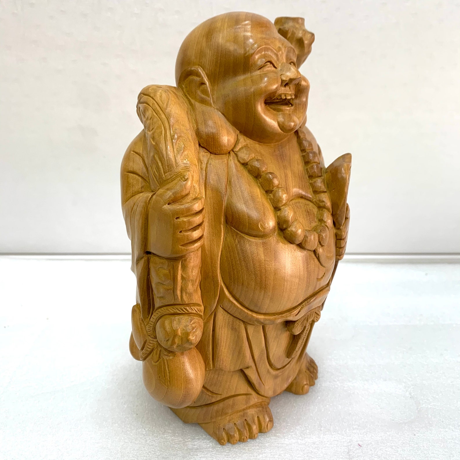 Fine Carving Wooden Laughing Buddha Statue Fengshui Gift Etsy