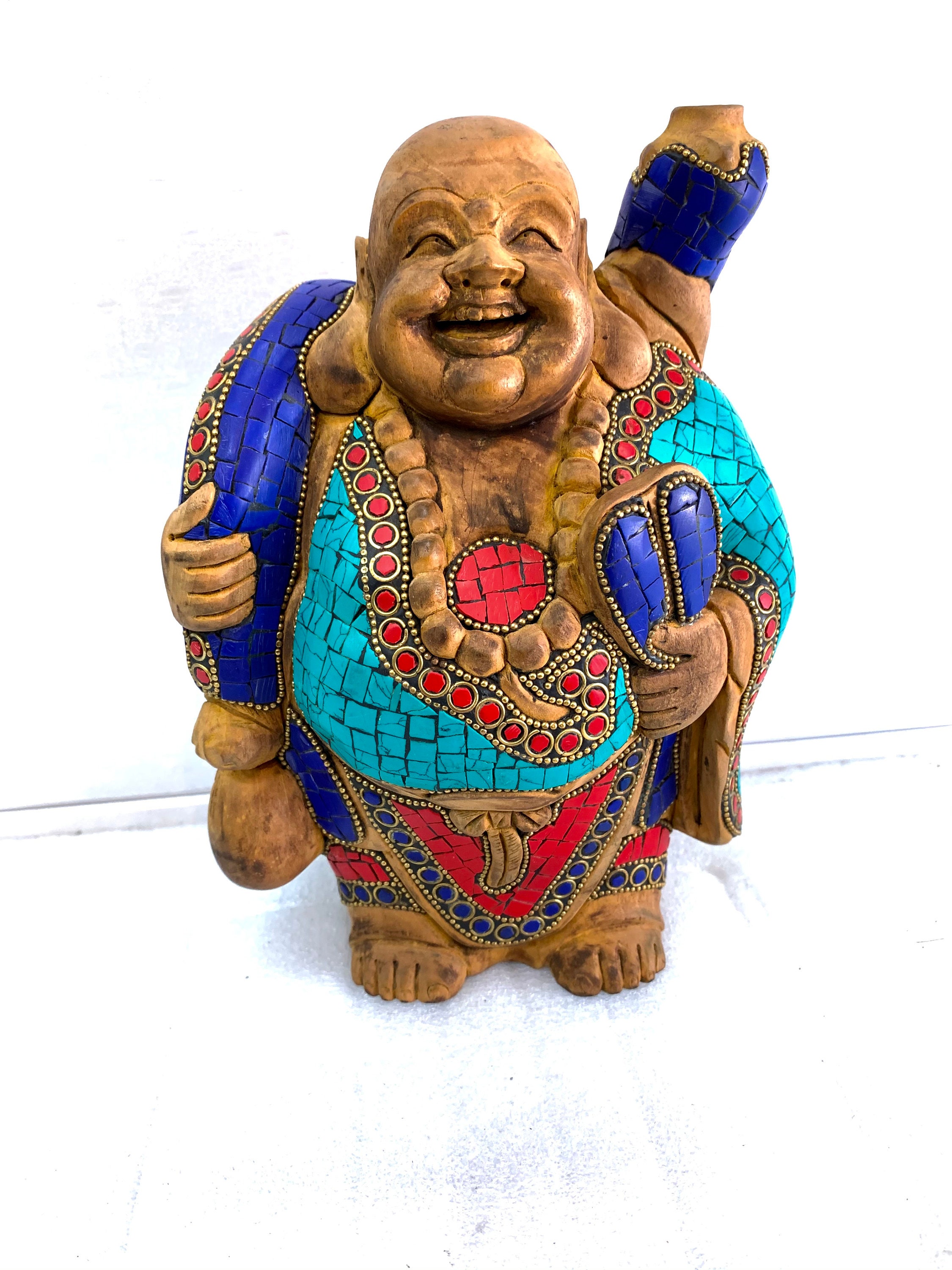 Money laughing Buddha statue wooden handcarved buddha lucky Etsy