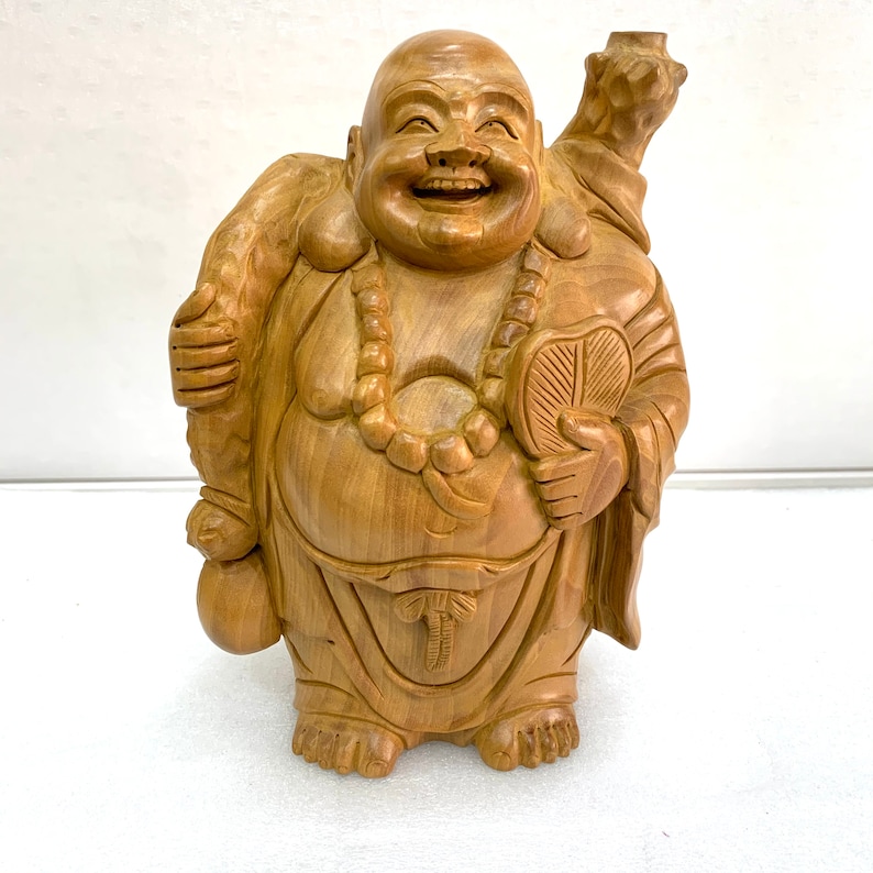 Fine Carving Wooden Laughing Buddha Statue Fengshui Gift Etsy