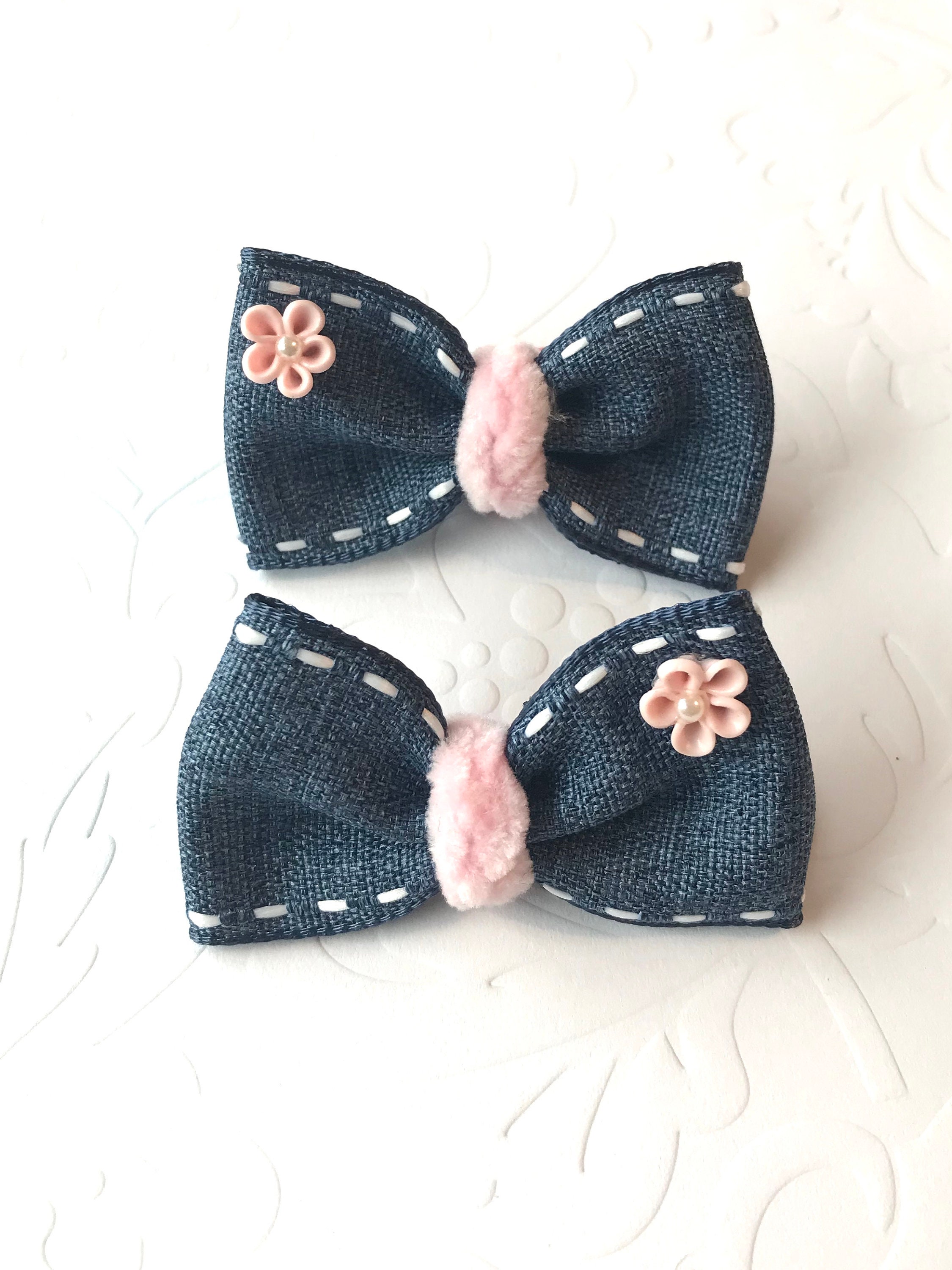 Denim hair bow Piggies bow set Micro piggies Bows for Baby Etsy